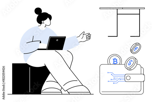 Woman holding a laptop and gesturing digital wallet with cryptocurrency coins and table as additional elements. Ideal for finance, technology, cryptocurrency, digital transactions, remote work