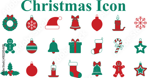 21 festive collection of Christmas icons and holiday symbols, featuring traditional decorations, ornaments, Santa hats, bells, candles, and gifts on transparent background
