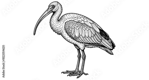 Intricate line art of standing ibis bird with detailed feathers and long beak