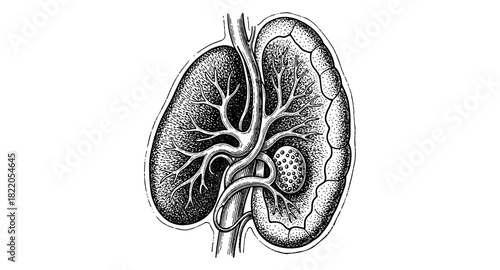 Detailed sketch of human kidney anatomy with vascular structure