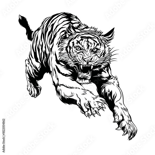 Dynamic black and white illustration of a roaring tiger ready to pounce
