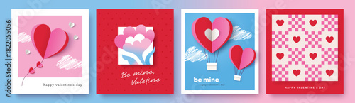 Set of Valentine's Day poster, greeting card, cover, label, sale promotion templates with modern paper cut style and typography design.

