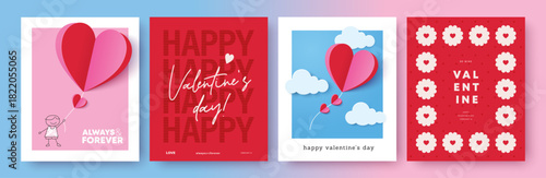 Set of Valentine's Day poster, greeting card, cover, label, sale promotion templates with modern paper cut style and typography design.

