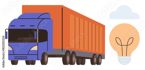 Cargo truck carrying goods beside light bulb for innovation idea. Ideal for logistics, transport, shipping, supply chain, innovation, business growth, sustainable solutions. Simple flat metaphor