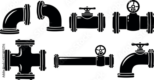 Industrial pipe fittings valve connectors plumbing equipment vector illustration set