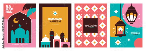 Set of Ramadan Kareem vector illustration in flat geometric style design for poster, greeting card, banner and cover. Translation: Ramadan Kareem

