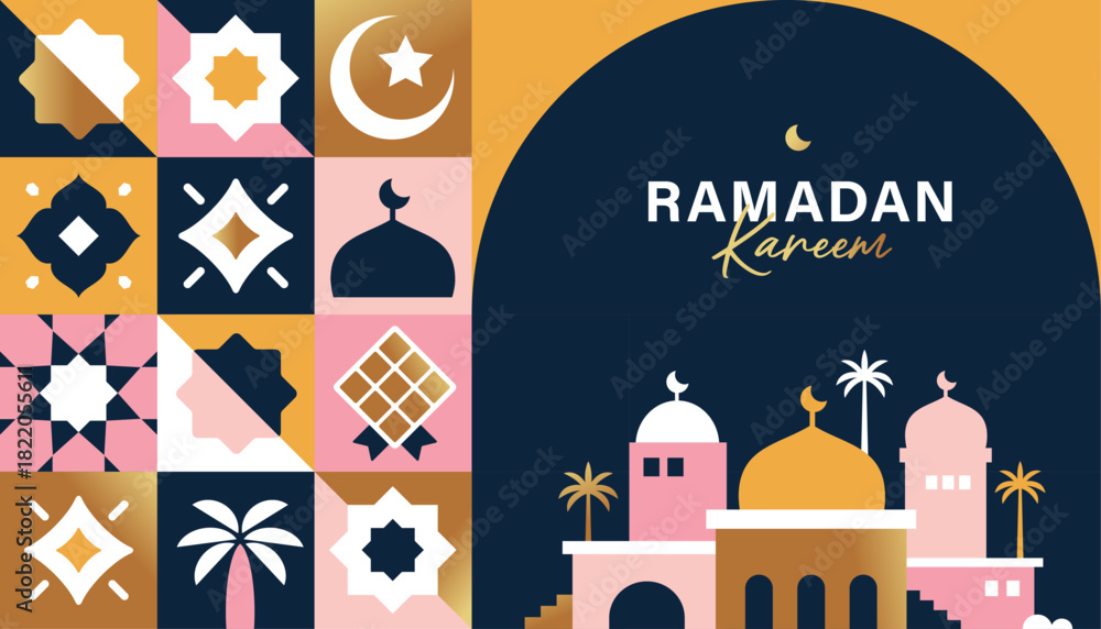 Naklejka premium Ramadan Kareem vector illustration in flat geometric style design for poster, greeting card, banner and cover.