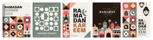 Set of Ramadan Kareem vector illustration in flat geometric style design for poster, greeting card, banner and cover. Translation: Ramadan Kareem

