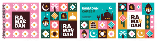 Set of Ramadan Kareem vector illustration in flat geometric style design for poster, greeting card, banner and cover. Translation: Ramadan Kareem

