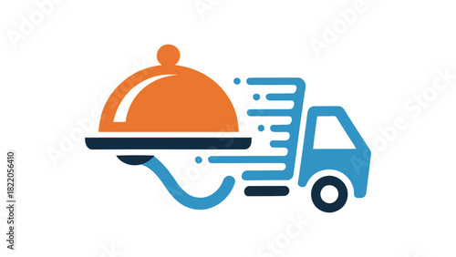 Fast Food Delivery Truck and Serving Cloche Icon Logo Vector illustration