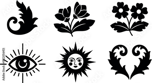 Vintage floral decorative elements sun face eye design vector illustration black and white simple shapes ornamental motifs