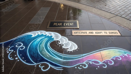Vibrant chalk wave art drawing on an outdoor pavement surface with signs overhead.