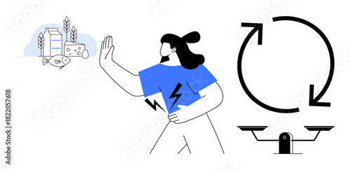 Woman clutching her abdomen and gesturing stop at cheese, milk, wheat visuals. Circular arrows and balanced scale indicate recycling, moderation, and digestion themes. Ideal for health, diet