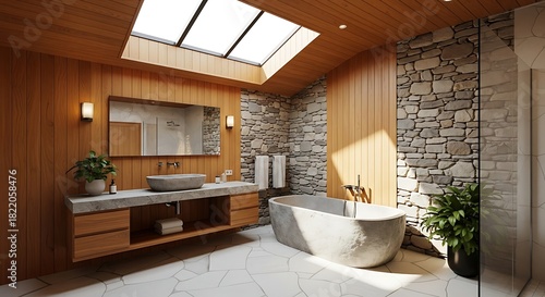 Illustration of luxurious modern bathroom with stone tub, wooden walls, and natural light from skylight