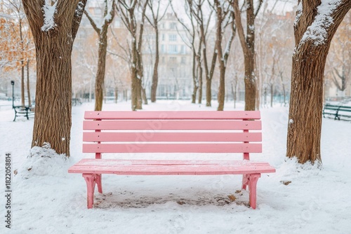 Powder pink bench surrounded by snow-covered trees in a serene winter park, creating a tranquil atmosphere with soft textures and inviting ambiance, ideal for minimalist photography
