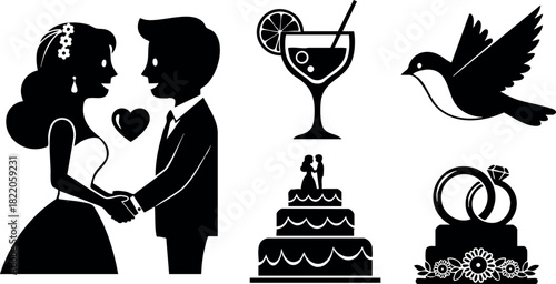 Wedding couple holding hands with cake rings drink love celebration vector illustration