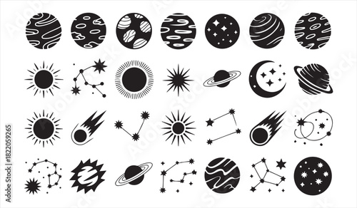 Black Vector Universe Elements Including Stars, Cosmic Bodies, and Constellations