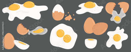 Set of chicken eggs. Hand drawn vector illustration in flat style. Whole brown eggshell eggs, boiled, fried eggs, yolk, broken eggshells. Concept of tasty breakfast, farm, cooking
