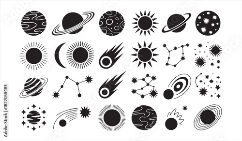 Creative Space Icon Pack with Solar Graphics, Orbits, Meteors, and Galaxy Shapes
