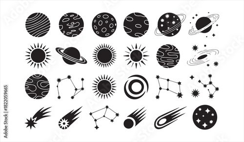 Astronomy Symbol Collection Featuring Planets, Comets, and Celestial Elements