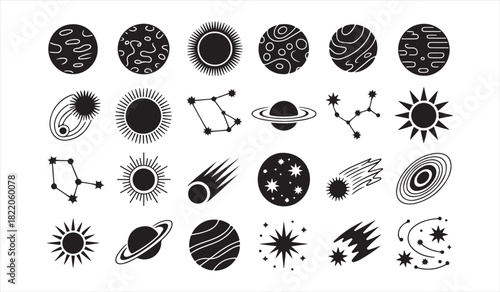 Set of Planet, Star, and Constellation Icons in Minimal Black Space Vector Style