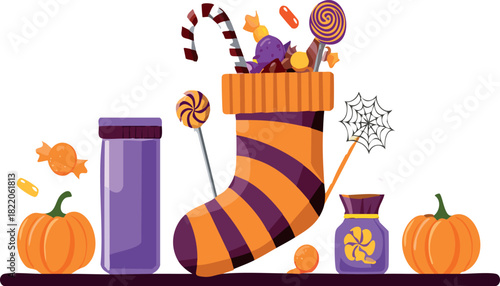 Halloween treats stocking with candy and pumpkins