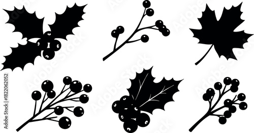 Black silhouette holly berry leaves vector illustration isolated on white background festive decoration seasonal design