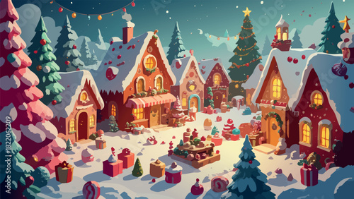 Christmas village with gingerbread houses covered in snow