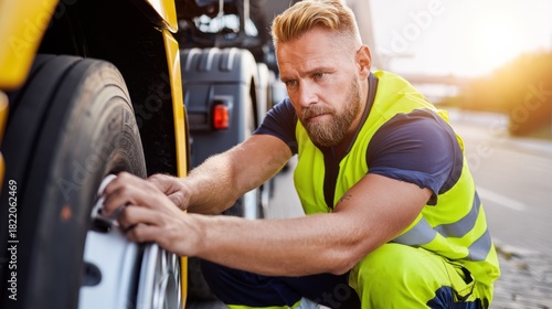 Mechanic checks tire pressure on heavy truck during daylight on roadside