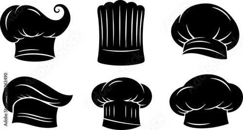 Set of six chef hats black silhouette cooking headwear collection vector illustration