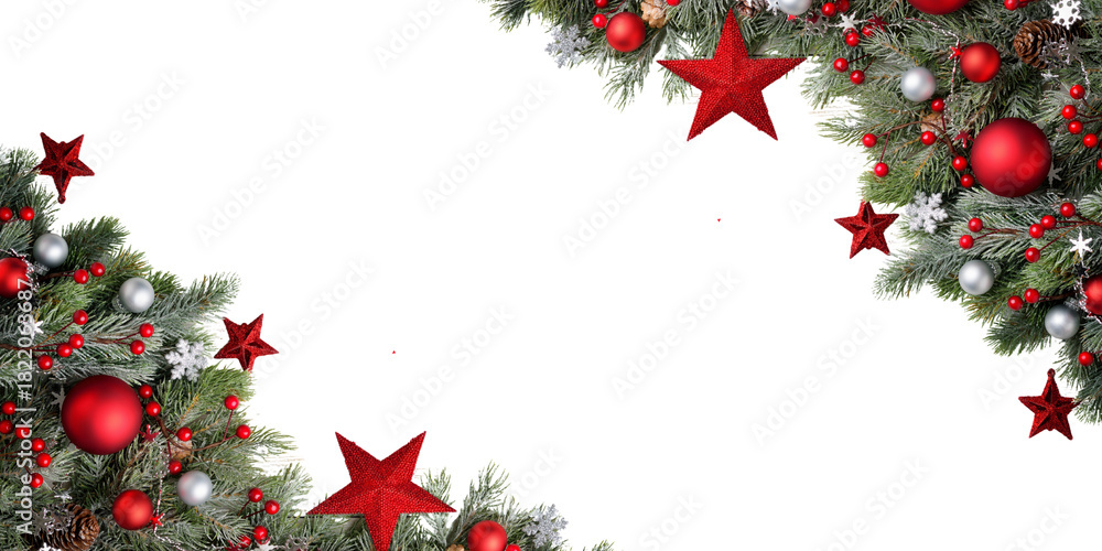 Obraz premium Png image of Festive christmas background featuring pine branches red ornaments stars snowflakes and berries for holiday designs and seasonal greetings cards creation on transparent background
