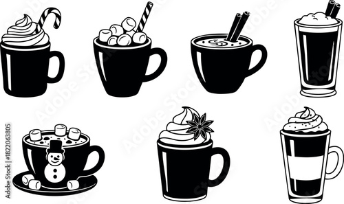 Black and white coffee mugs with hot drinks and whipped cream vector illustration set