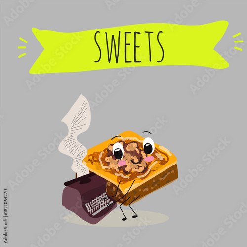 Funny Characters Turkish Traditional desserts pistachio baklava, hand drawn vector illustration.