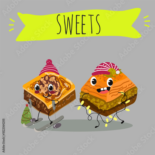 Funny Characters Turkish Traditional desserts pistachio baklava, hand drawn vector illustration.