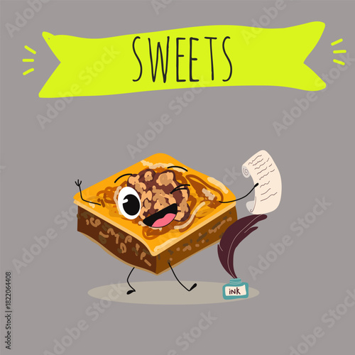 Funny Characters Turkish Traditional desserts pistachio baklava, hand drawn vector illustration.
