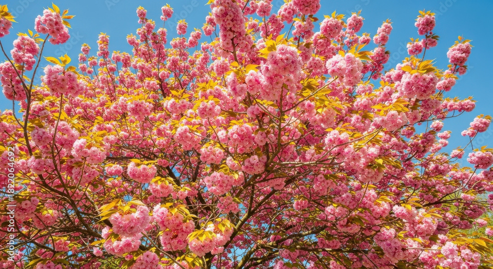 Fototapeta premium Pink cherry blossoms against a clear blue sky