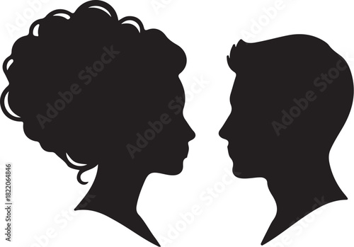 Silhouette Profile of a Man and Woman Facing Each Other with Curly Hair on Woman Keywords: silhouette, profile, man, woman, couple, facing, looking, head, portrait, human, on transparent background