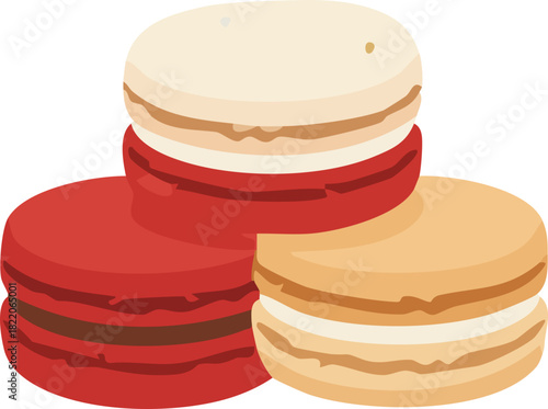 A flat vector illustration of colorful macarons in red, beige, and cream tones stacked together, representing elegant French desserts perfect for festive or bakery-themed designs.