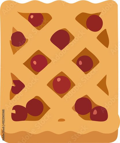 A flat vector illustration of a square cherry pie with a golden lattice crust and red cherry filling, symbolizing a cozy and delicious homemade dessert.