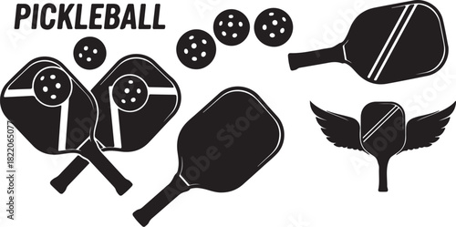 Pickleball Paddles Balls and Winged Paddle Silhouette Vector Graphics sport game on transparent background