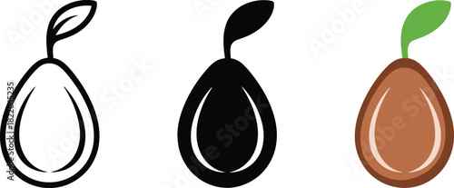 Avocado seed growth fruit icon vector illustration with leaf element solid black design