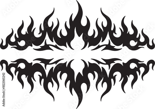 Symmetrical Tribal Flame Design Elements in Black and White fire on transparent background