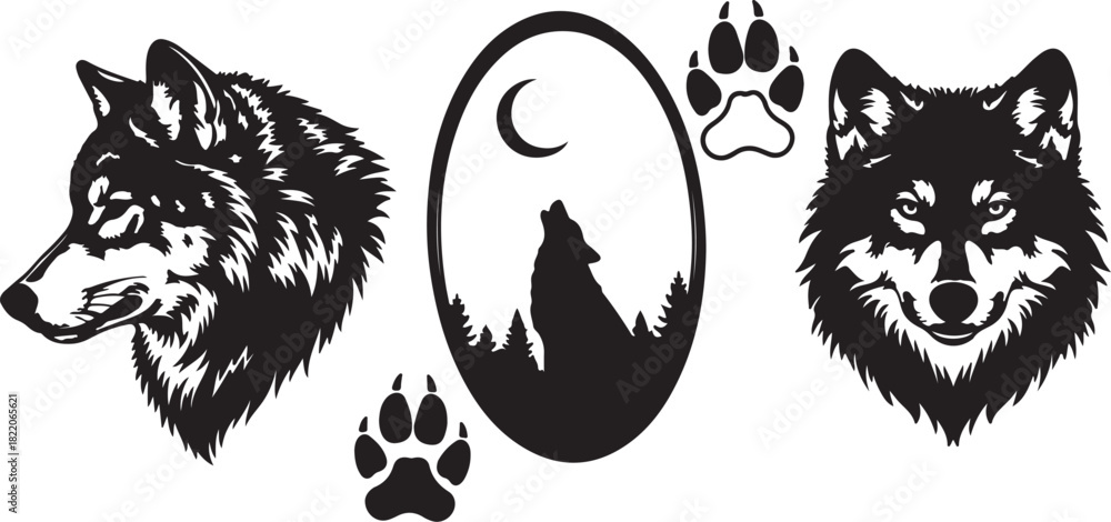 Fototapeta premium Wolf Head Silhouettes and Howling Wolf in Oval with Paw Prints animal wildlife on transparent background