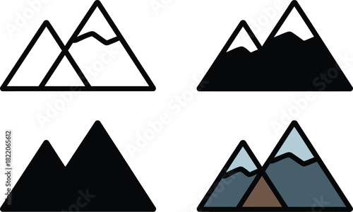 Mountain range with snow peaks and hills outline flat and colored icons