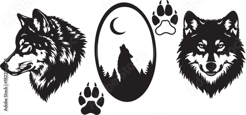 Wolf Head Silhouettes and Howling Wolf in Oval with Paw Prints animal wildlife on transparent background