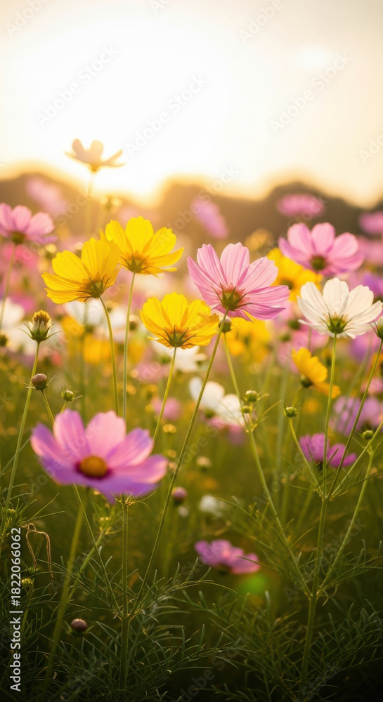 Obraz premium Colorful cosmos flowers in soft golden sunset light