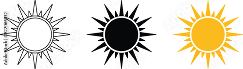 Sunburst symbol icon set, simple vector illustration of solar explosion in outline, solid, and color