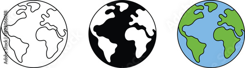 Three different styles of earth globe icons including outline, solid, and colored versions