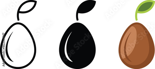 Three variations of a single fruit illustration featuring outline, solid, and colored styles