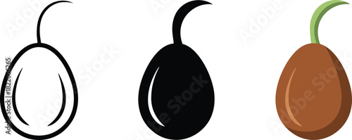 Three variations of a single fruit illustration featuring outline, solid, and colored styles